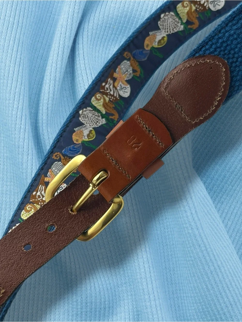 Leather & Seashell - Blue -  Embroidered Belt - Handmade in Essex, CT Size 28